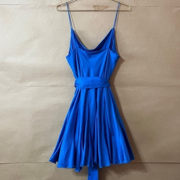 Alice + Olivia | Webber Cowl Neck Mini Dress Belted Godet Dress Blue Size 6 - Picture 13 of 16